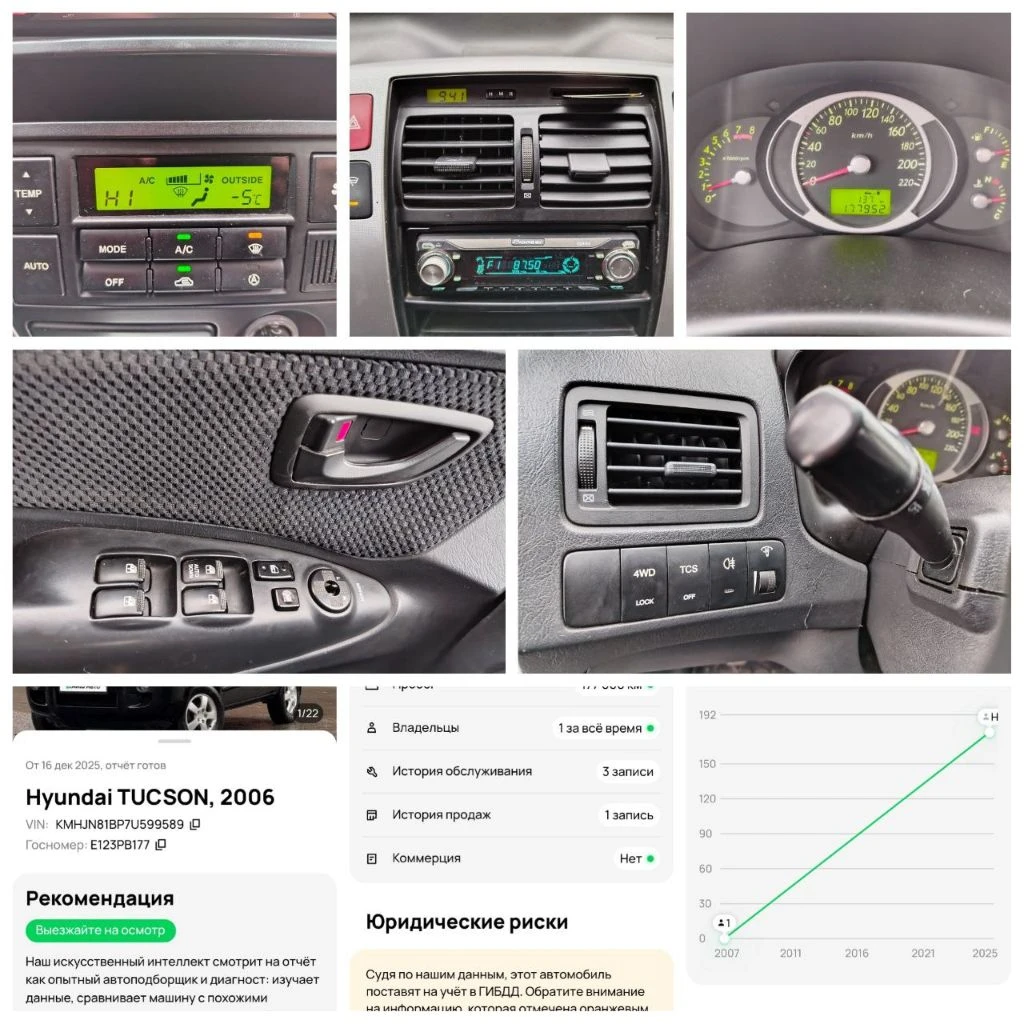 🚗 💰продам автомобиль💰🚀 hyundai tucson ▶️ ❗️пробег 177 тыс❗️ 😱 ▶️ год выпуска: 2006 г. ▶️ кпп: механика,5ст. обьем 2.0 🚜полный привод🚜 ▶️ ❗️❗️ 1 владелец ❗️❗️ подтверждено автотекой ℹ️ описание: ✅ автомобиль в отличном состоянии как технически, так и внешне! ✅ автомобиль в дтп не участвовал! ✅ бережное использование, есть автотека по запросу. 🔥 автомобиль в отличной комплектации: • кондиционер • климат контроль • подогревы сидений, зоны дворников, стёкл и зеркал • полный стеклопакет *парктроники • легкосплавные диски + новая зимняя резина. *полный привод 4 wd ❗предоставлю видео обзор по требованию! 🏛 юридически автомобиль чист, без штрафов и запретов! 🏢 осмотр в г. амвросиевка или по договорённости в любом городе. доставка в любой город л-днр ☎ телефон для связи: +79493391770 +79490789890 телеграмм, вацап на номере. телефон включен всегда! 💰 цена 820.000 тысяч рублей. торг будет но небольшой - фотография - 7